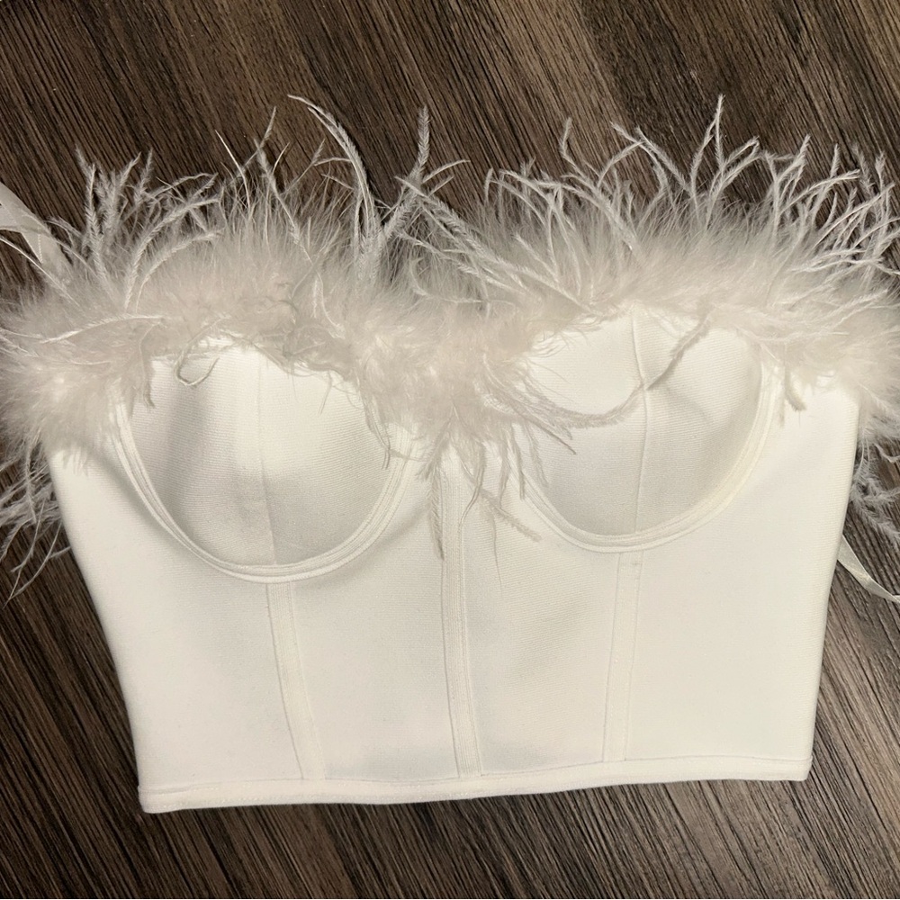 superdown White Feather-Trim Strapless Crop Bustier Ramona
